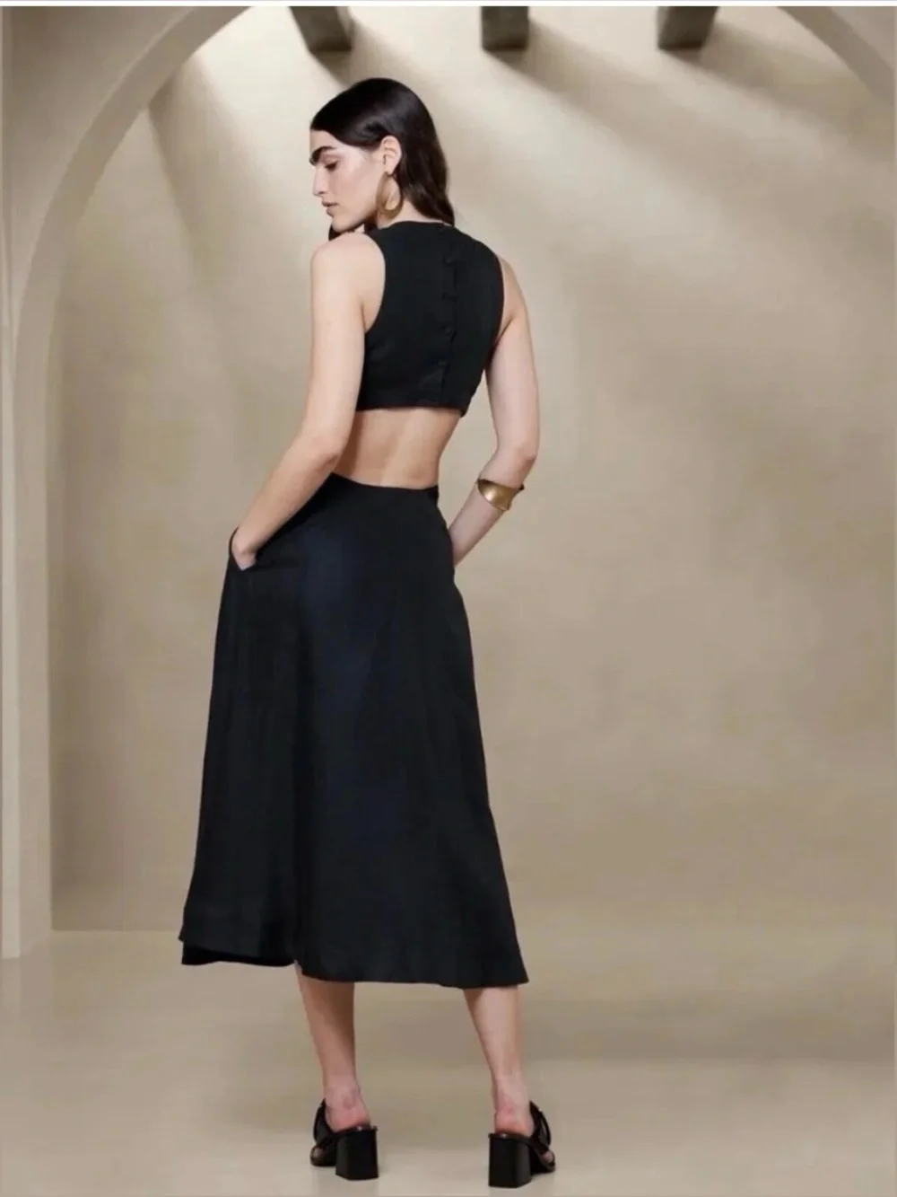 Lina Linen Black Cutout Midi Dress - Picture 2 of 8